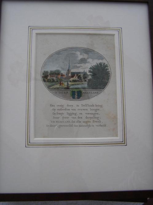 gravure 18e eeuw van dorp Maasland, handgekleurd, ingelijst, Antiek en Kunst, Kunst | Etsen en Gravures, Ophalen of Verzenden