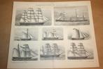 Antieke prent - Diverse soorten schepen - Ca 1885 !!, Verzamelen, Scheepvaart, Ophalen of Verzenden, Gebruikt, Motorboot, Kaart, Foto of Prent