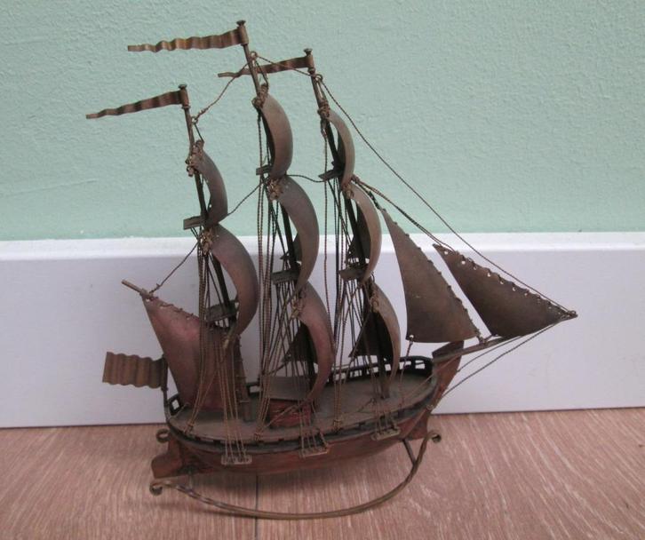 Unieke Miniatuur Koperen Driemaster en dito Tuigwerk 14,5 cm, Antiek en Kunst, Antiek | Koper en Brons, Ophalen of Verzenden