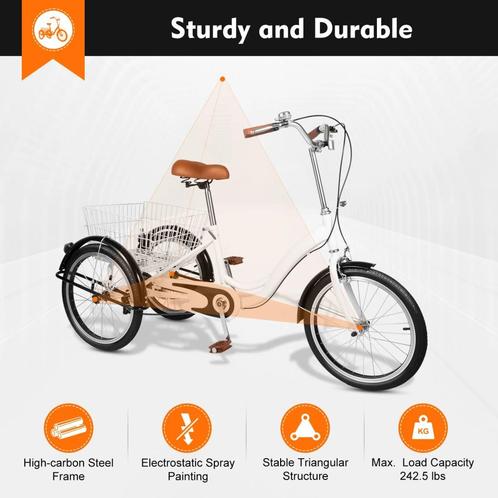 Driewieler Volwassenen (wit) - 20 Inch - met mand, Fietsen en Brommers, Fietsen | Driewielers, Nieuw, Verstelbare zitting, Verzenden