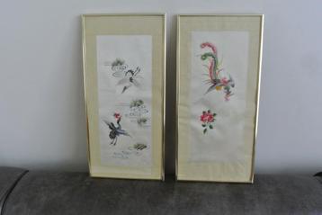 Borduurwerk zijde 2x Kraanvogels / paradijsvogel Chinees beschikbaar voor biedingen