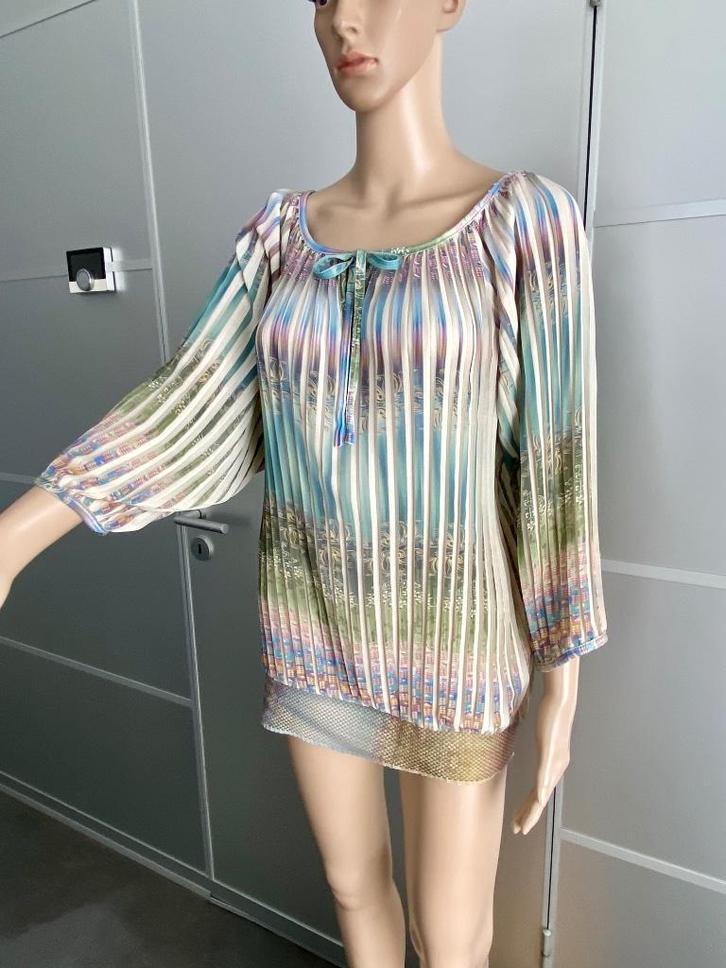 J414 Vango maat M=38/40 plisse-blouse beige/groen/blauw, Kleding | Dames, Blouses en Tunieken, Zo goed als nieuw, Maat 38/40 (M)
