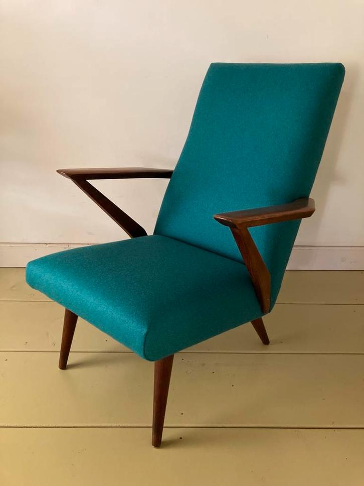Mid century fauteuil, nieuw gestoffeerd, Huis en Inrichting, Fauteuils, Zo goed als nieuw, Stof, 50 tot 75 cm, 75 tot 100 cm, Ophalen