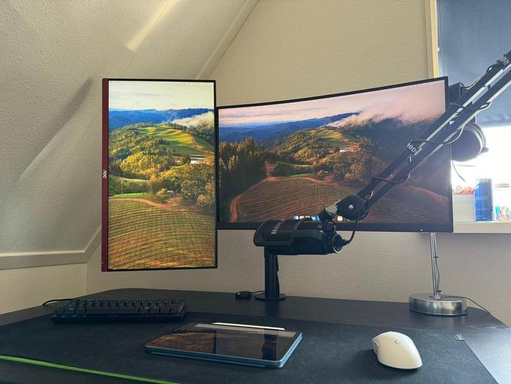 AOC Q27G2U + AOC G2590PX + dubbele monitor arm, Computers en Software, Monitoren, Gebruikt, 101 t/m 150 Hz, DisplayPort, DVI, HDMI