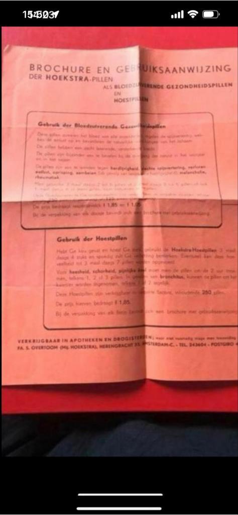 Brochure en Gebruiksaanwijzing Hoekstra Pillen/Klierdruppels, Boeken, Catalogussen en Folders, Ophalen of Verzenden, Gelezen, Folder