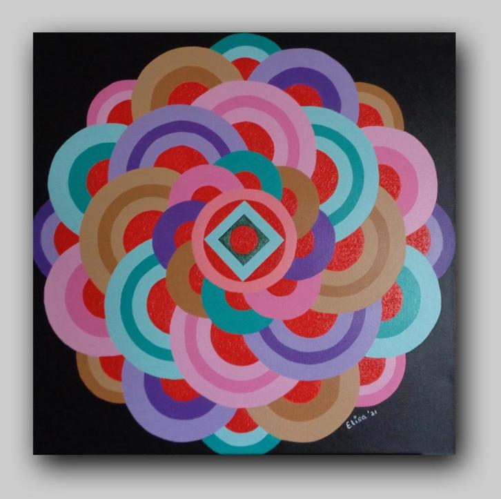 Kleurige bloemvorm op donkere achtergrond, Antiek en Kunst, Kunst | Schilderijen | Abstract, Ophalen
