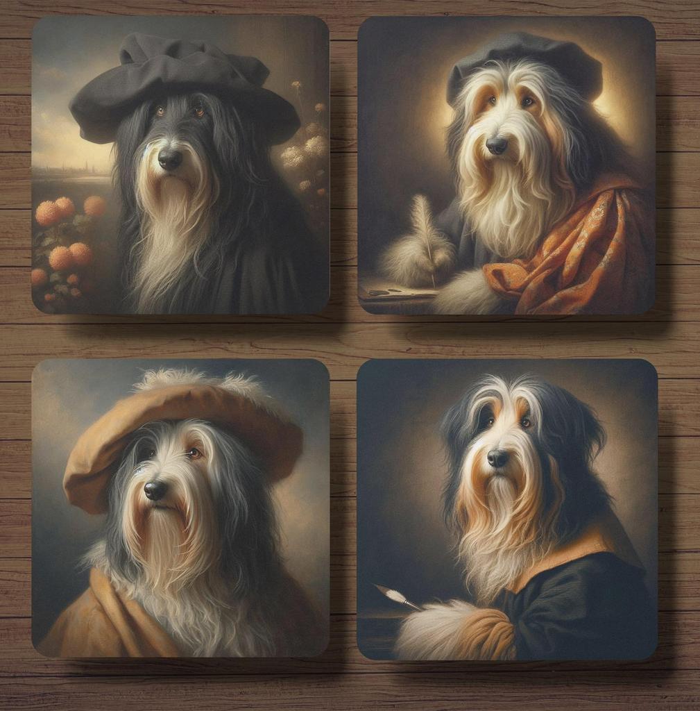 Bearded Collie Rembrandt stijl onderzetters met houder, Ophalen of Verzenden, Nieuw, Glas of Kopje