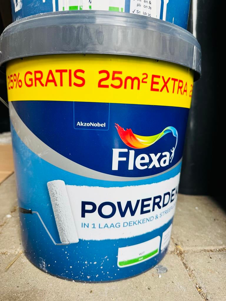 1,5x Emmer Flexa Powerdek muurverf mat wit 12,5L, Wit, Ophalen of Verzenden, 15 tot 20 liter, Verf