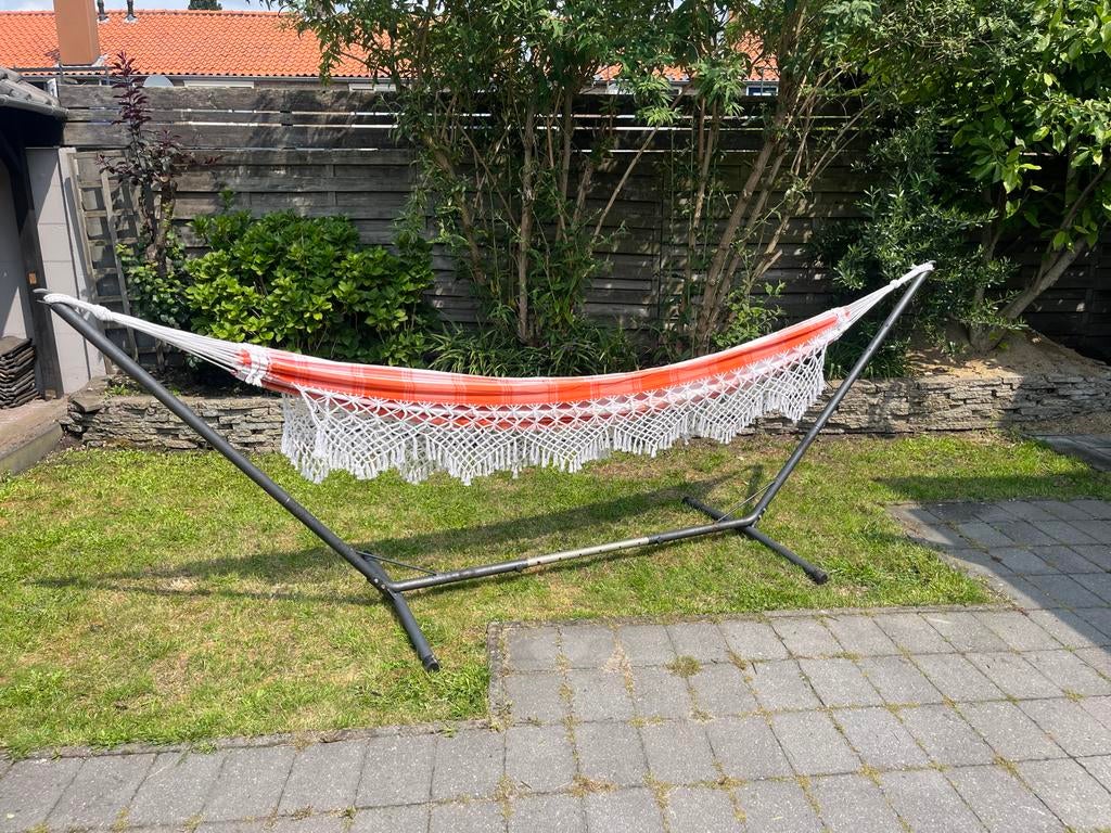Verstelbare hangmat met standaard (320-390cm) ZGAN!, Tuin en Terras, Hangmatten, Ophalen, Meerpersoons, Zo goed als nieuw, Met standaard