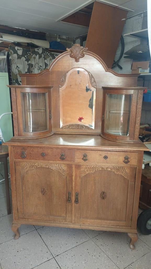 Antieke kast met spiegel en vitrines, Ophalen of Verzenden
