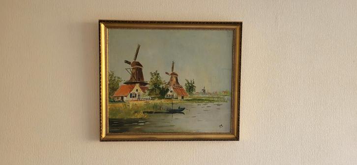 Schilderij Hollandse Molens Landschap Olieverf, Antiek en Kunst, Kunst | Schilderijen | Klassiek, Ophalen