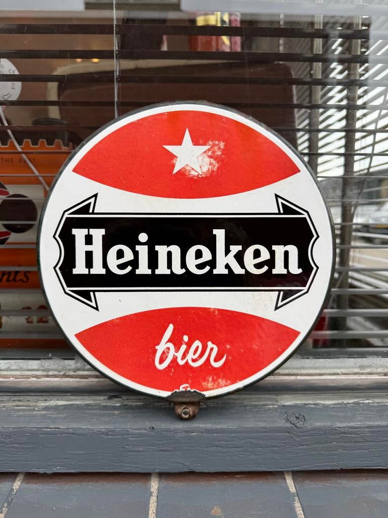 Vintage Heineken bier reclamebord - Emaille, Verzamelen, Ophalen of Verzenden, Gebruikt, Reclamebord, Plaat of Schild, Heineken