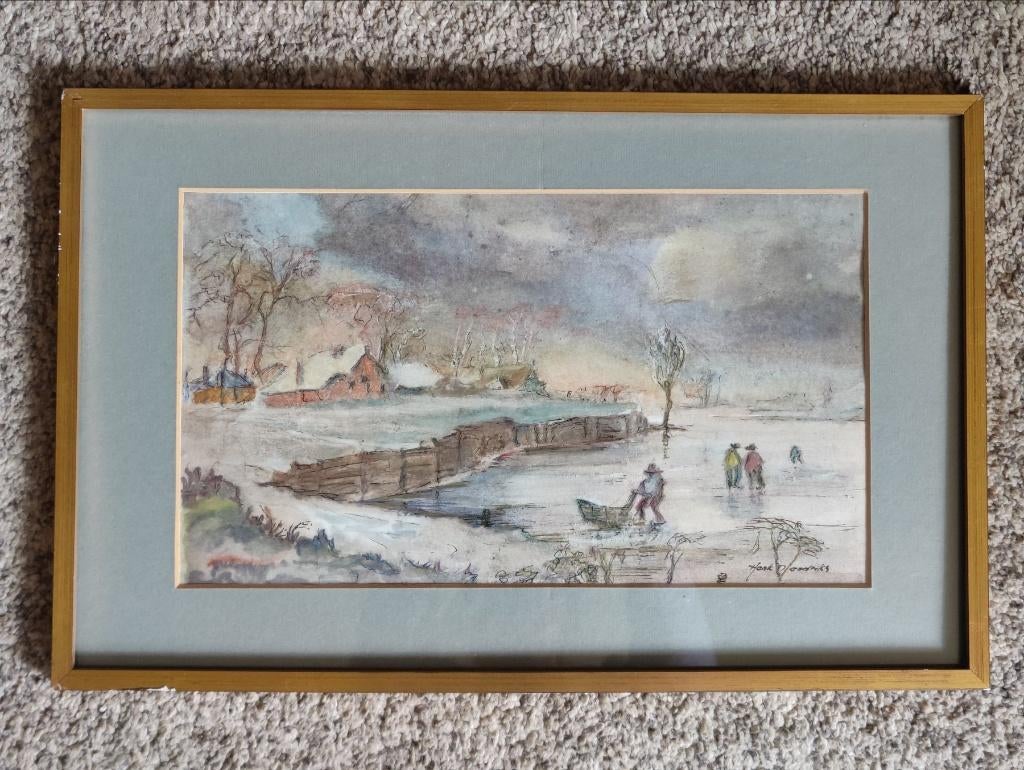 Originele aquarel, krijt schilderij, tekening Hendriks, Antiek en Kunst, Kunst | Schilderijen | Klassiek, Ophalen of Verzenden