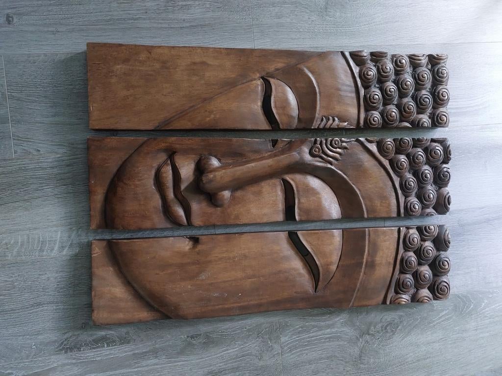 Houten Boeddha wanddecoratie, 3 delen, hardhout, Ophalen