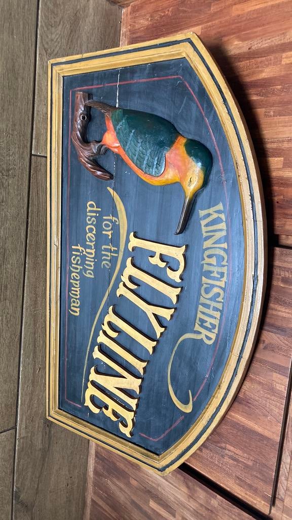 Mooi houten reclamebord Kingfisher fly line, Ophalen of Verzenden, Gebruikt, Overige typen