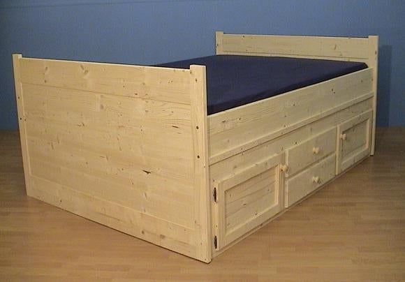 2-persoonsbed Woody met kastjes, Hout, Nieuw, Tweepersoons, 140 cm