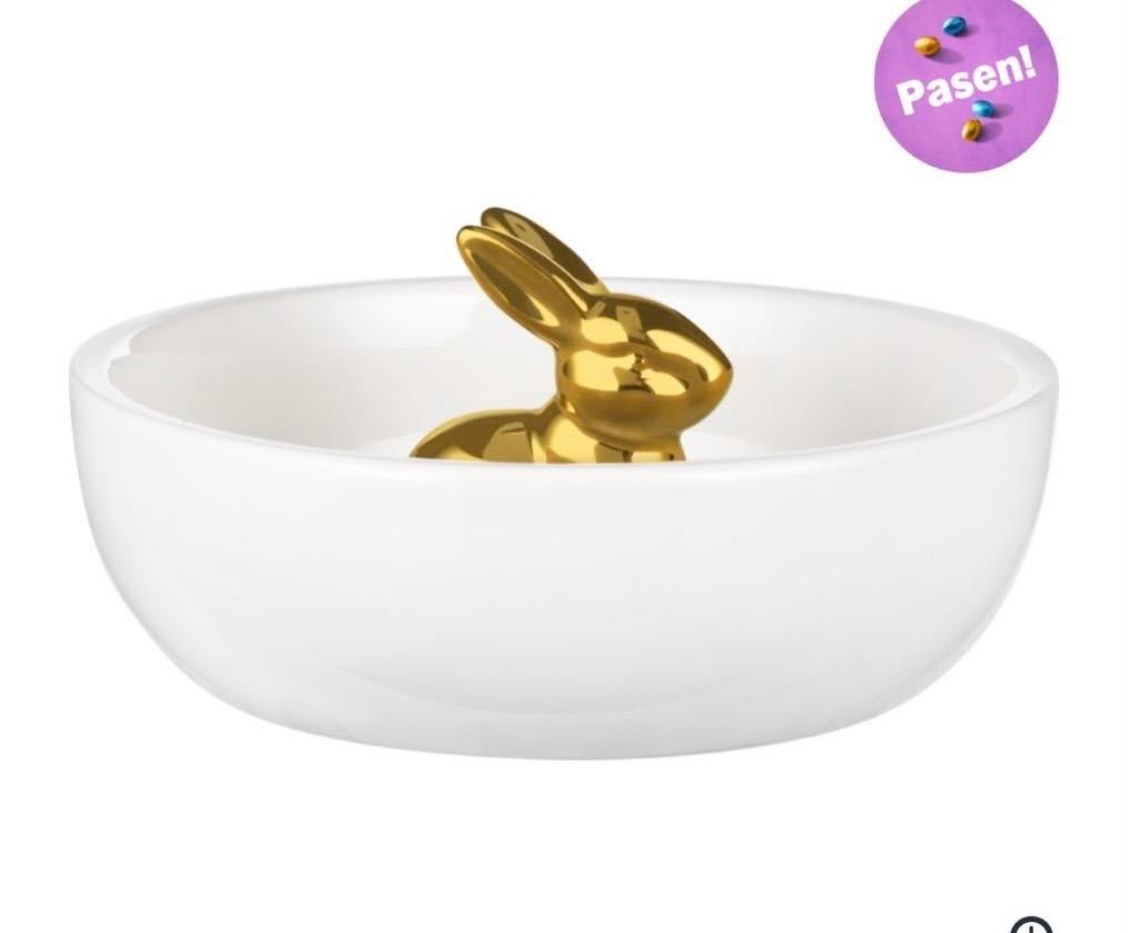 Schaaltje met gouden paashaasje GEZOCHT, Porselein of Keramiek, Schaal, Rond, Ophalen of Verzenden