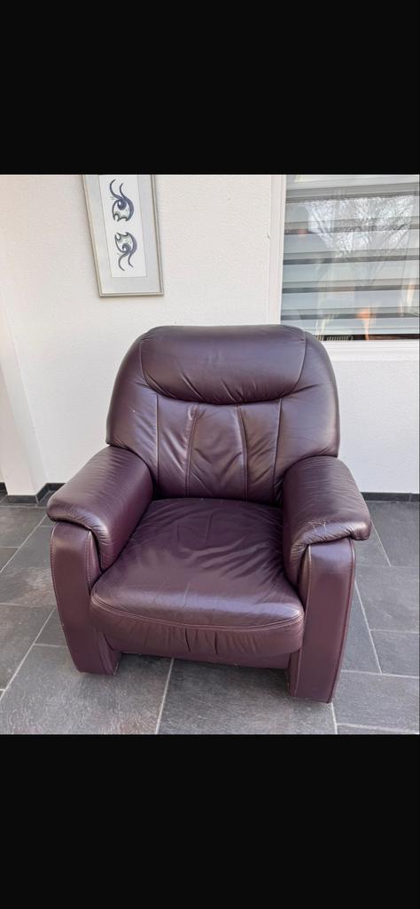 Bordeaux rode leren fauteuil (stoel), Ophalen, Gebruikt, 50 tot 75 cm, Leer