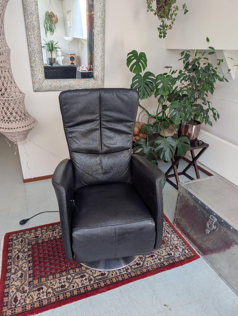 Zwarte leren Prominent relax fauteuil, Ophalen, 75 tot 100 cm, Zo goed als nieuw, Modern