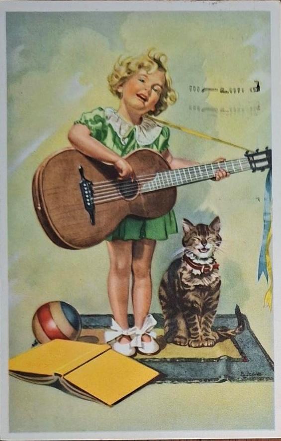 Meisje, Poes zingen met gitaar- 1955, Verzenden, 1940 tot 1960, Gelopen, Kinderen