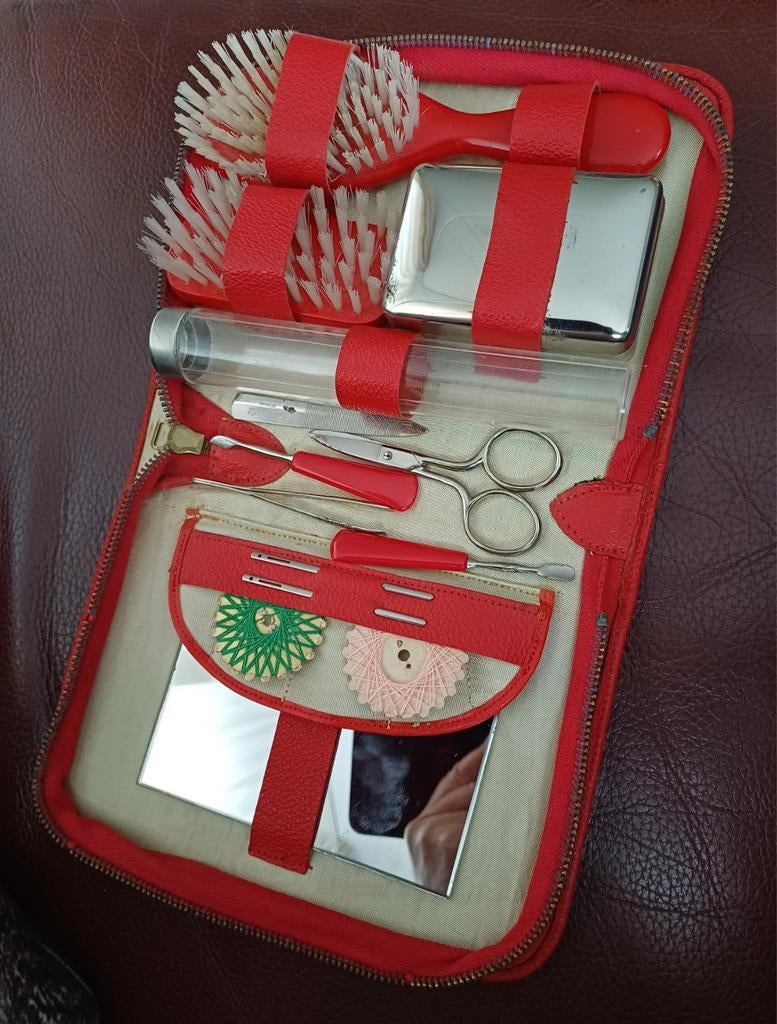 Vintage reis toilet tas uit de jaren '50, Ophalen of Verzenden, Gebruikt, Rood, Heer of Dame