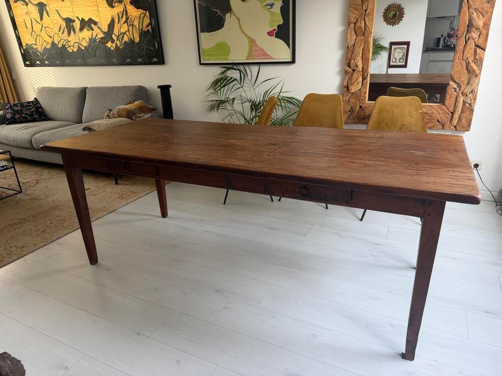 Massief houten koloniale eettafel met 2 lades, Ophalen, Gebruikt, Koloniaal, 50 tot 100 cm