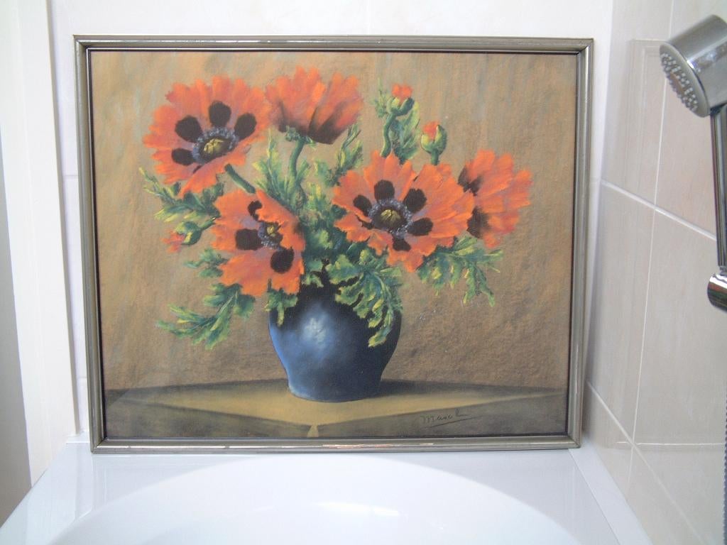 Prachtig antiek krijt ? schilderij klaprozen -papavers Marc, Antiek en Kunst, Ophalen