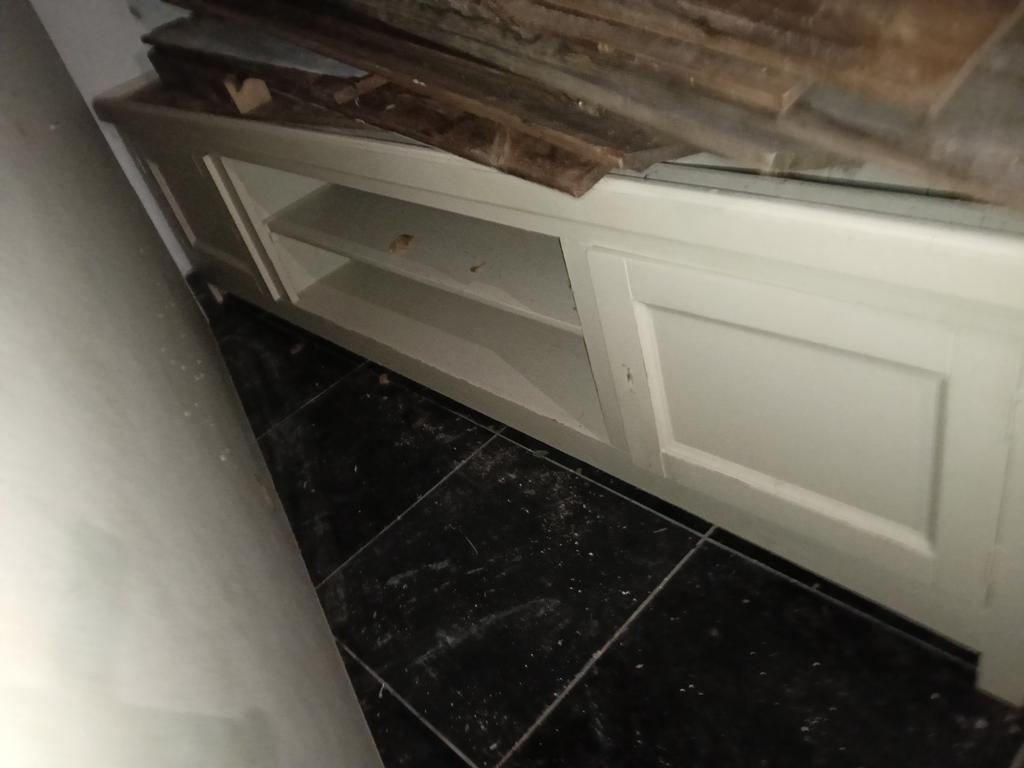 Crèmekleurig TV-meubel met opbergruimte, Ophalen, Gebruikt, 150 tot 200 cm, Modern landelijk