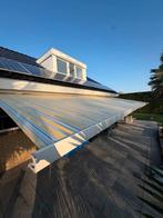 Knikarmscherm 6.5 meter  - Geel/Wit gestreept - Elektrisch, Ophalen, Gebruikt, 450 cm of meer, Elektrisch