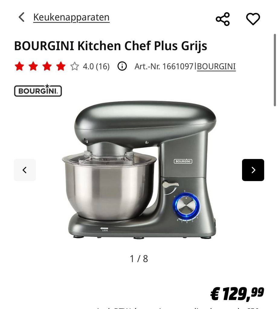 Bourgini kitchen chef plus grijs keukenmachine, 4 liter of meer, Ophalen, Zo goed als nieuw, 3 snelheden of meer
