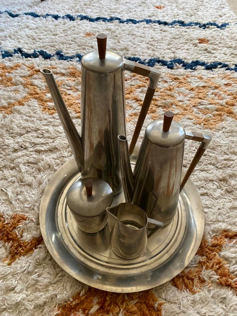 Tinnen / teak koffie en theeservies KDM Royal Holland Pewter, Ophalen of Verzenden