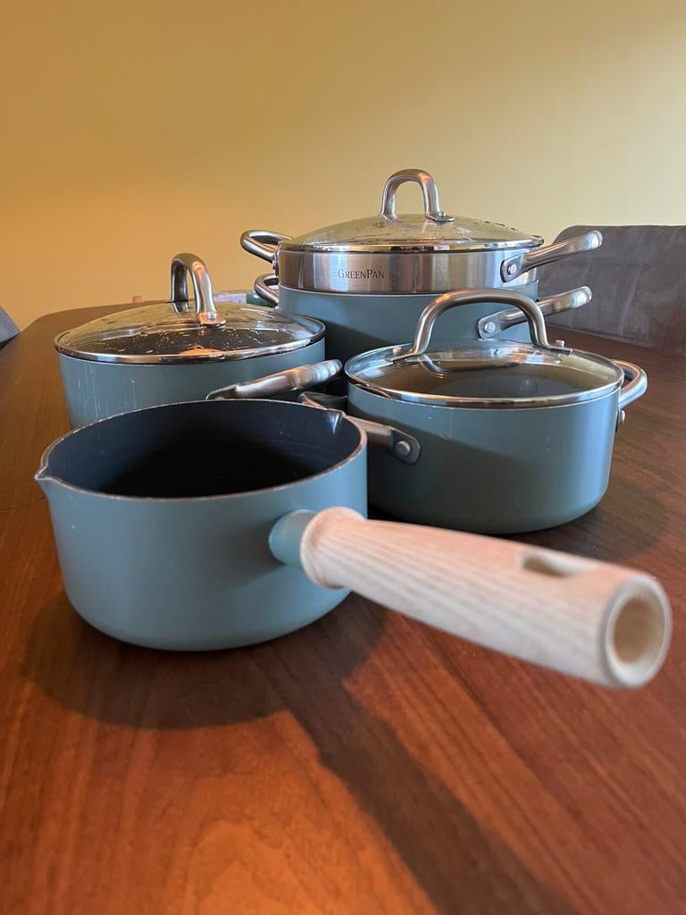pannenset GreenPan (gebruikt op gas), Huis en Inrichting, Keuken | Potten en Pannen, Ophalen, Gebruikt, Aluminium, Pannenset