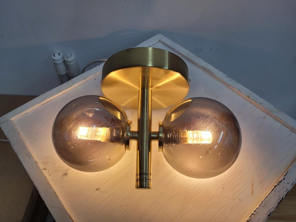 vintage messing bijzondere wandlamp lucide, Huis en Inrichting, Lampen | Wandlampen, Ophalen of Verzenden, Zo goed als nieuw, Glas