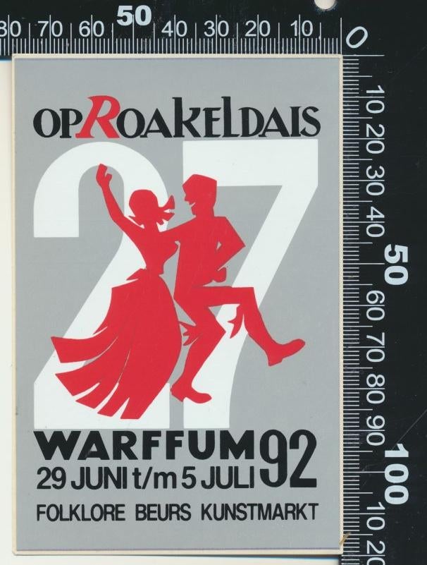 Sticker: Op Roakeldais 1992 - Warfum, Verzamelen, Stickers, Ophalen of Verzenden, Zo goed als nieuw, Bedrijf of Vereniging