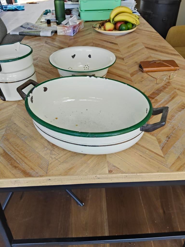 Vintage emaille groentenbak en vergiet set, Antiek en Kunst, Antiek | Emaille, Ophalen