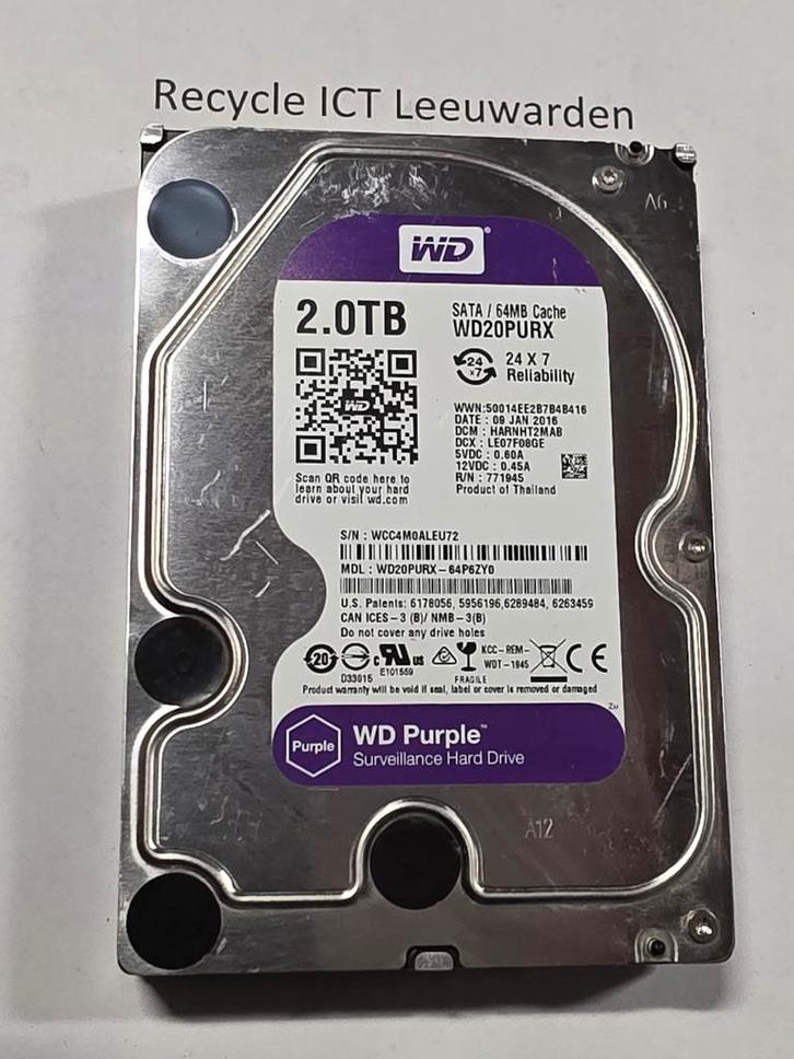 Western digital 2tb 2000gb pc hdd hardeschijf purple, Computers en Software, Harde schijven, Gebruikt, Desktop, Intern, HDD, SATA