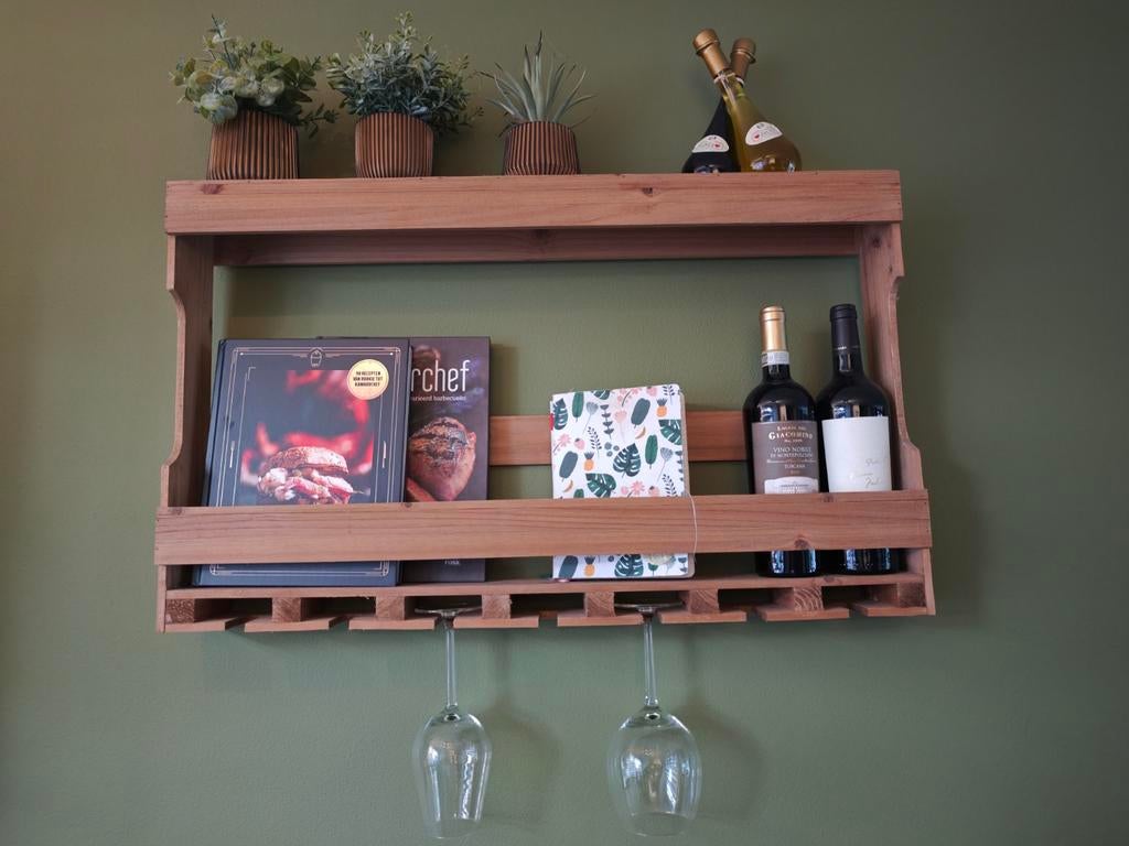 Houten wandrek wijnrek voor keuken, Huis en Inrichting, Gebruikt, Ophalen of Verzenden, Minder dan 5 flessen, Minder dan 50 cm