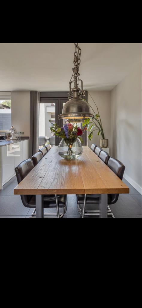 Massief eiken eettafel (1x3m) met 8 Goossens stoelen, Ophalen, Eikenhout, 200 cm of meer, 50 tot 100 cm