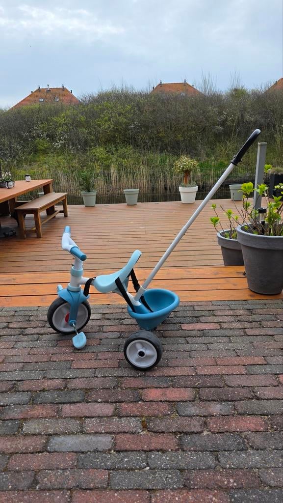 Smoby driewieler blauw, Ophalen, Zo goed als nieuw, Duwstang