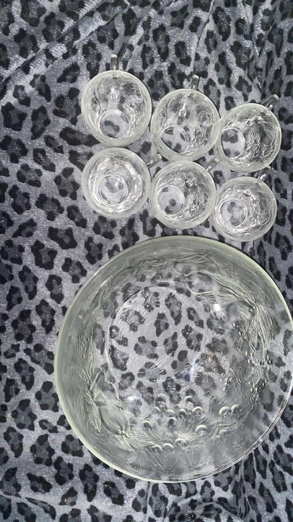 Vintage glazen bowl set met 6 kopjes, Antiek en Kunst, Antiek | Glas en Kristal, Ophalen of Verzenden
