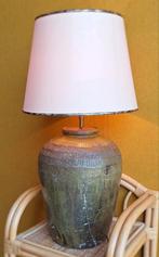 Robuuste vintage aardewerk schemer lamp, groen, linnen kap, Overige materialen, Gebruikt, Vintage, Ophalen of Verzenden