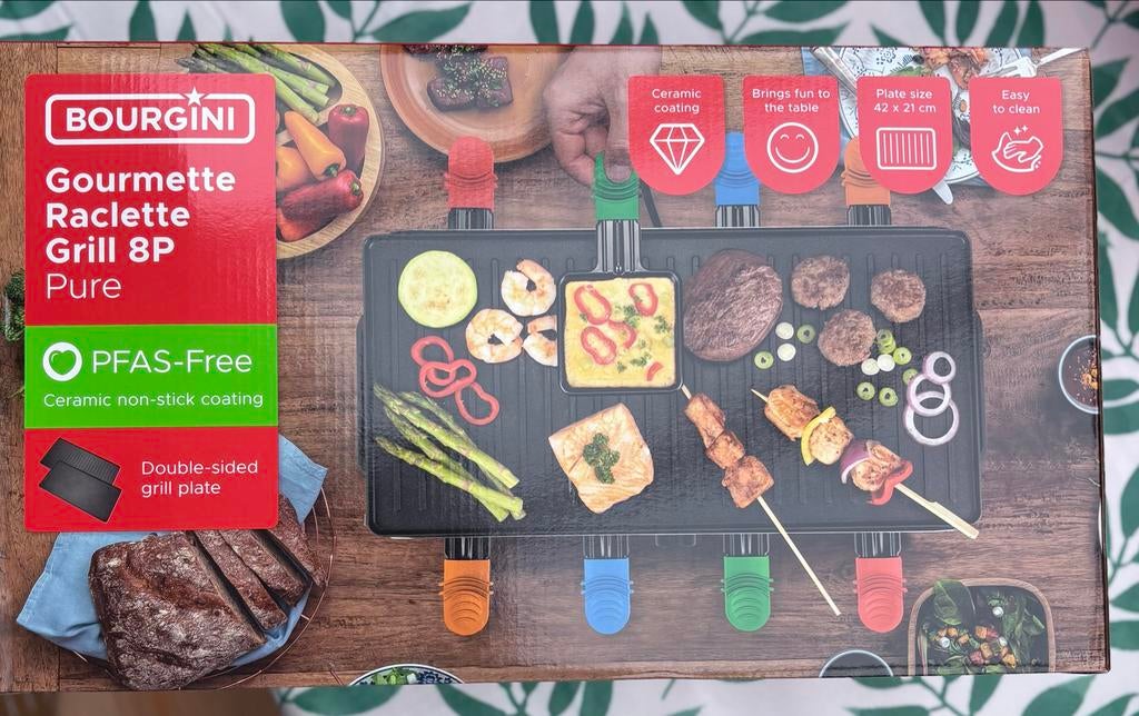 Bourgini Gourmet Raclette Grill 8P Pure - Tafelgrill, Ophalen of Verzenden, Vaatwasmachinebestendig, Nieuw, Tafelgrill