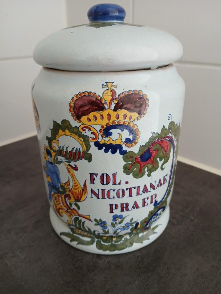 Antieke Apothekerspot 'FOL. NICOTIANAE PRAEP.', Antiek en Kunst, Antiek | Keramiek en Aardewerk, Ophalen of Verzenden