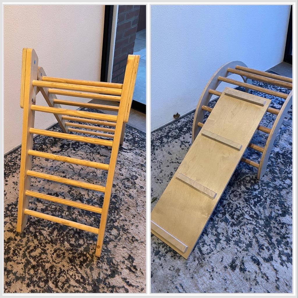 Houten klimrek met glijbaan/klimplank - Montessori speelgoed, Ophalen, Gebruikt, Klimwand