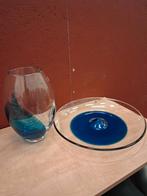 Glazen vaas en schaal met blauw accent, Antiek en Kunst, Antiek | Glas en Kristal, Ophalen of Verzenden