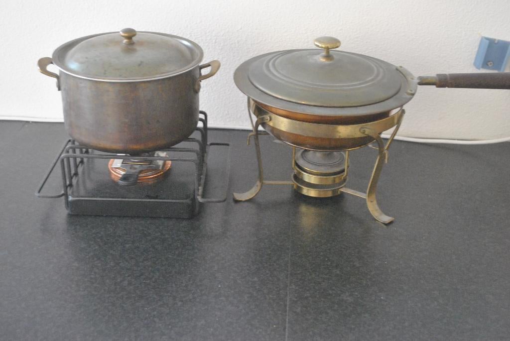 Fondueset met sauspan, koper, Ophalen of Verzenden, Gebruikt, Brander, Fondueset