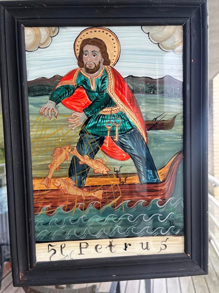 Set van 2 Antieke Glas-achter-schilderijen: St. Petrus & St., Antiek en Kunst, Ophalen