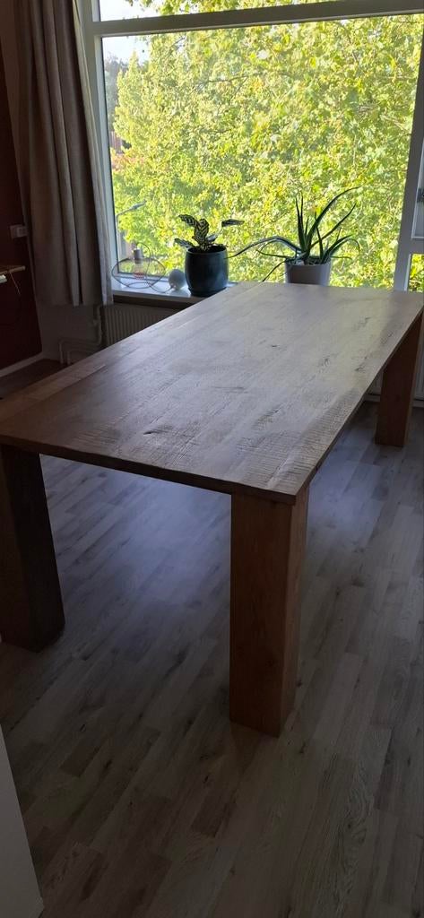Massief eiken eettafel 220 x 100 cm, Ophalen, Gebruikt, 100 tot 150 cm, Eikenhout