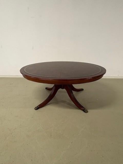 Engelse, ovale salontafel, mahonie met bruin leder, Ophalen, Gebruikt, 100 tot 150 cm, 50 tot 75 cm