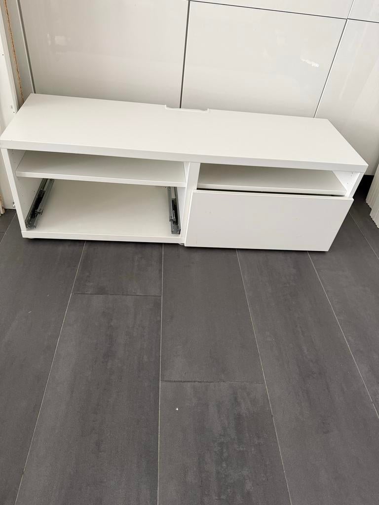 IKEA Besta Kast Hoogglans Wit met 2 Planken en 1 Lade, Ophalen, Kunststof, Gebruikt, 100 tot 150 cm